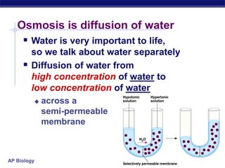 AP Biology
Osmosis is diffusion of water
 Water is very important to life,
so we talk about water separately
 Diffusion of water from
high concentration of water to
low concentration of water
 across a
semi-permeable
membrane
 