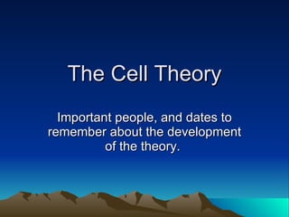 The Cell Theory Important people, and dates to remember about the development of the theory.  