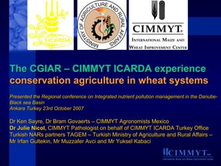 CIMMYTMR
International Maize and Wheat Improvement Center
The CGIAR – CIMMYT ICARDA experienceThe CGIAR – CIMMYT ICARDA experience
conservation agriculture in wheat systemsconservation agriculture in wheat systems
Presented the Regional conference on Integrated nutrient pollution management in the Danube-Presented the Regional conference on Integrated nutrient pollution management in the Danube-
Black sea BasinBlack sea Basin
Ankara Turkey 23rd October 2007Ankara Turkey 23rd October 2007
Dr Ken Sayre, Dr Bram Govaerts – CIMMYT Agronomists MexicoDr Ken Sayre, Dr Bram Govaerts – CIMMYT Agronomists Mexico
Dr Julie Nicol,Dr Julie Nicol, CIMMYT Pathologist on behalf of CIMMYT ICARDA Turkey OfficeCIMMYT Pathologist on behalf of CIMMYT ICARDA Turkey Office
Turkish NARs partners TAGEM – Turkish Ministry of Agriculture and Rural Affairs –Turkish NARs partners TAGEM – Turkish Ministry of Agriculture and Rural Affairs –
Mr Irfan Gultekin, Mr Muzzafer Avci and Mr Yuksel KabaciMr Irfan Gultekin, Mr Muzzafer Avci and Mr Yuksel Kabaci
 