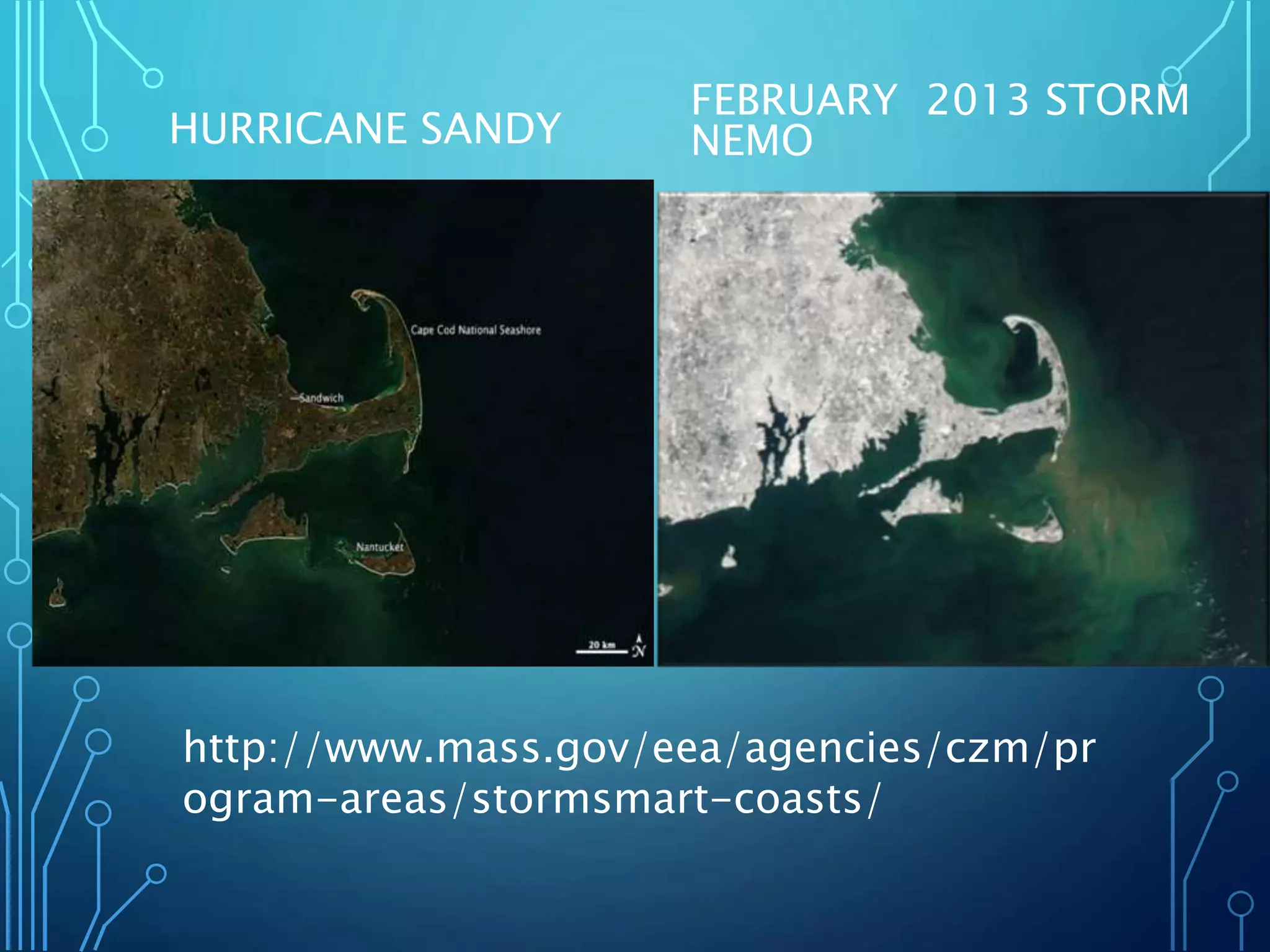 HURRICANE SANDY
FEBRUARY 2013 STORM
NEMO
http://www.mass.gov/eea/agencies/czm/pr
ogram-areas/stormsmart-coasts/
 