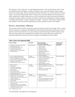 The long haul—the next 20 years—is what Warshall describes as “the end of the linear mind,” a time
when global societies will begin to include such things as clean water and adequate energy among a
base level of human rights. The key to pushing clean-tech forward, he says, is the restoration of natural
capital—the resources harnessed by nature to cleanse the air and water, fertilize the soil, keep pests in
check, and provide a wealth of other services vital to economies but virtually uncounted in national or
corporate accounting systems. The ability of industry to harness clean technologies to adapt to changes
in available natural capital—during a drought, for example—will be key to their future competitiveness.
Says Warshall: “The whole business opportunity for natural capitalism is there for the taking.”
Barriers, Uncertainties, Wildcards
The Learning Journeys and the ensuing discussions and exercises raised two key things: There is a great
deal more going on in companies and laboratories than participants had realized, but the pace of devel-
opment is much slower than that of, say, the e-business world. Interestingly, the GBN corporate mem-
bers came away feeling more energized and excited than the advocates and resource people, who
seemed unsettled by the relatively slow pace of progress in bringing clean tech to market.
11The Clean Revolution: Technologies from the Leading Edge
Forces of Change
• Globalization of markets, suppliers, labor
• Newly deregulated markets
• Decentralized distribution systems
• Servicizing of physical goods
• Emerging markets in developing regions
• B24B opportunities
• Rise in innovation/entrepreneurialism
• Shift to knowledge-intensive economy
• Infusion of private-equity investment capital
• Growth in industrial ecology/natural capitalism
• Emergence of microenterprise
• Distributed and open source movements
• Efficiency advances
• Declining costs
• Technological breakthroughs
(faster, better, cheaper, lighter)
• Design revolution
• (some) Dematerialization
• New disciplines, new tools: bioengineering,
nanotech, biomemetics, etc.
• Declining resources (trees, energy, water)
• Overtaxing earth’s carrying capacity
• Growing concern over climate change, clean air
and water, biodiversity
• Population growth and shifts
• Growth of NGOs
• Demands for corporate responsibility, accounta-
bility, transparency
• Changing generational and cultural attitudes
• Mainstreaming of environmental movement, and
sustainable development concept
The Result
Changing Markets
Changing
Business Models
Changing
Technologies
Changing
Societal Pressures
Barriers & Enablers
Uncertainties & Wildcards
• Customer acceptance, willingness/
ability to change
• Customer demand
• Environmental needs
• Infrastructure changes
• Standards and specifications
• Educational efforts
• Media awareness and response
• Financial mechanisms
• Economic stability & growth
• Government support/incentives/subsidies
• Standards and specifications
• Entrepreneurial support
• Acceptance/willingness of new
business models
• Industry leadership/resistence
• Technological advances and setbacks
• Prices of conventional resources—oil, gas,
trees, etc.
• Government commitments to R&D
• Private investment capital
• Differing world views
• Entrenched interests (political, corporate,
NGOs)
• Anti-corporate/anti-globalization movement
• Acceptance of technology as a solution
• Weather perturbations, wars, crises
Outcomes and
Opportunities?
New Markets
New Business Models
New Technologies
New Solutions
Source: GBN/Clean Edge, 2001
Why is Clean Tech Happening NOW
 