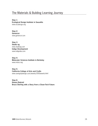 The Materials & Building Learning Journey
Stop 1:
Ecological Design Institute in Sausalito
www.ecodesign.org
Stop 2:
Genencor
www.genencor.com
Stop 3:
Studio eg
www.studioeg.com
Indigo Development
www.indigodev.com
Stop 4:
Molecular Sciences Institute in Berkeley
www.molsci.org
Stop 5:
California College of Arts and Crafts
www.savingsbydesign.com/awards/2000awards.html
Stop 6:
Dinner/Debrief
Bruce Sterling with a Story from a Clean-Tech Future
18GBN Global Business Network
 