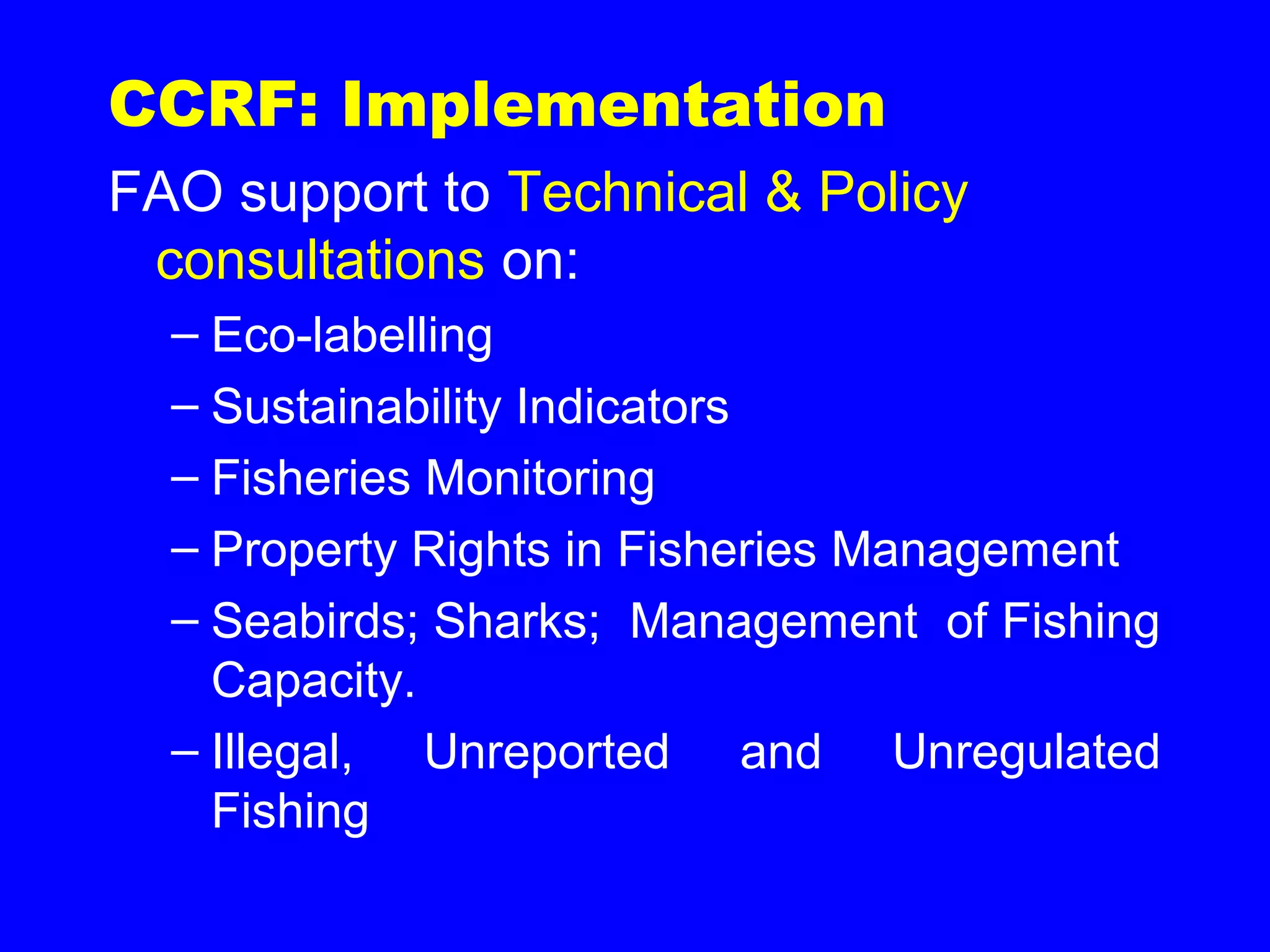 CCRF: Implementation
FAO support to Technical & Policy
consultations on:
– Eco-labelling
– Sustainability Indicators
– Fisheries Monitoring
– Property Rights in Fisheries Management
– Seabirds; Sharks; Management of Fishing
Capacity.
– Illegal, Unreported and Unregulated
Fishing
 