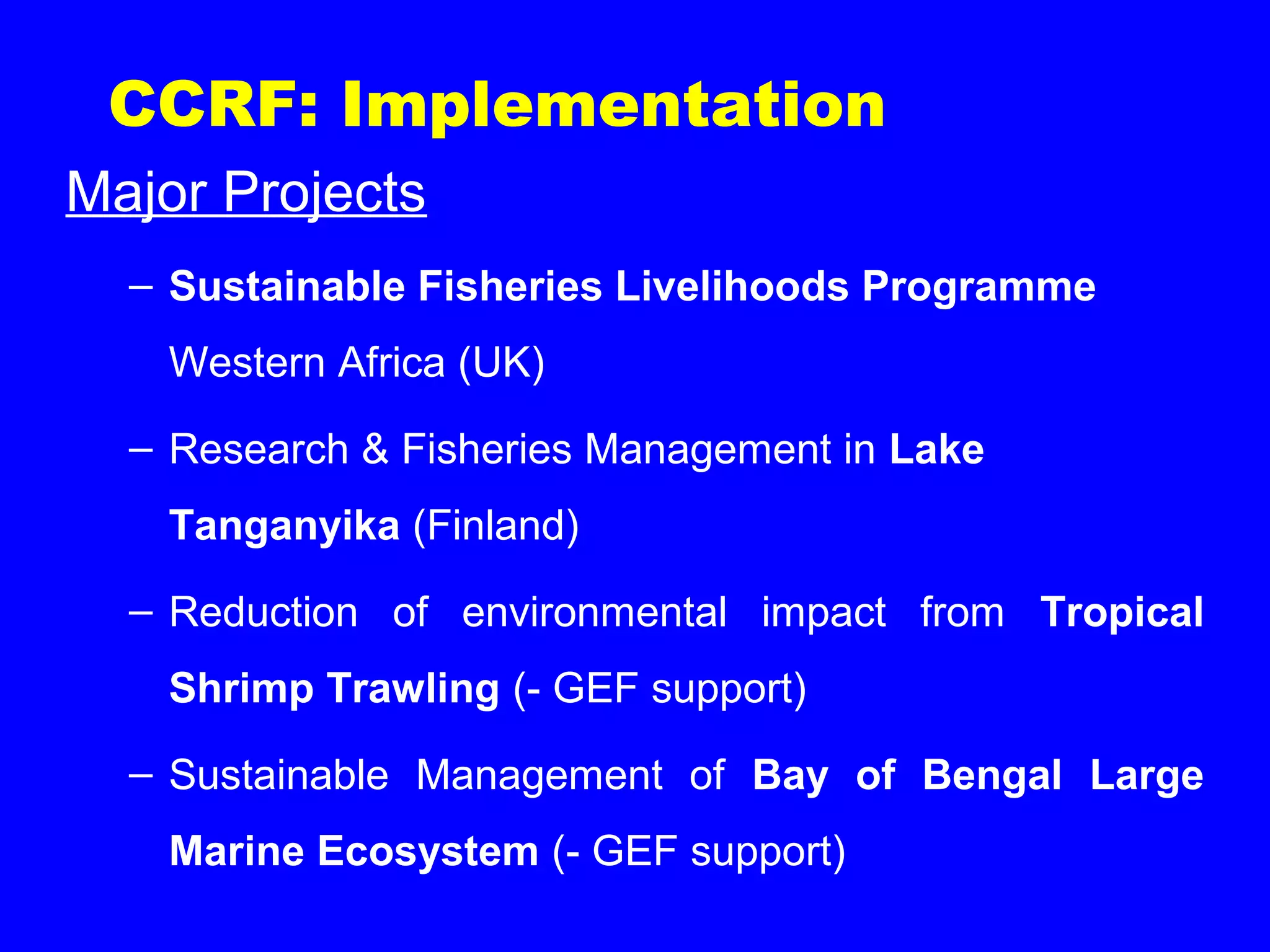CCRF: Implementation
Major Projects
– Sustainable Fisheries Livelihoods Programme
Western Africa (UK)
– Research & Fisheries Management in Lake
Tanganyika (Finland)
– Reduction of environmental impact from Tropical
Shrimp Trawling (- GEF support)
– Sustainable Management of Bay of Bengal Large
Marine Ecosystem (- GEF support)
 