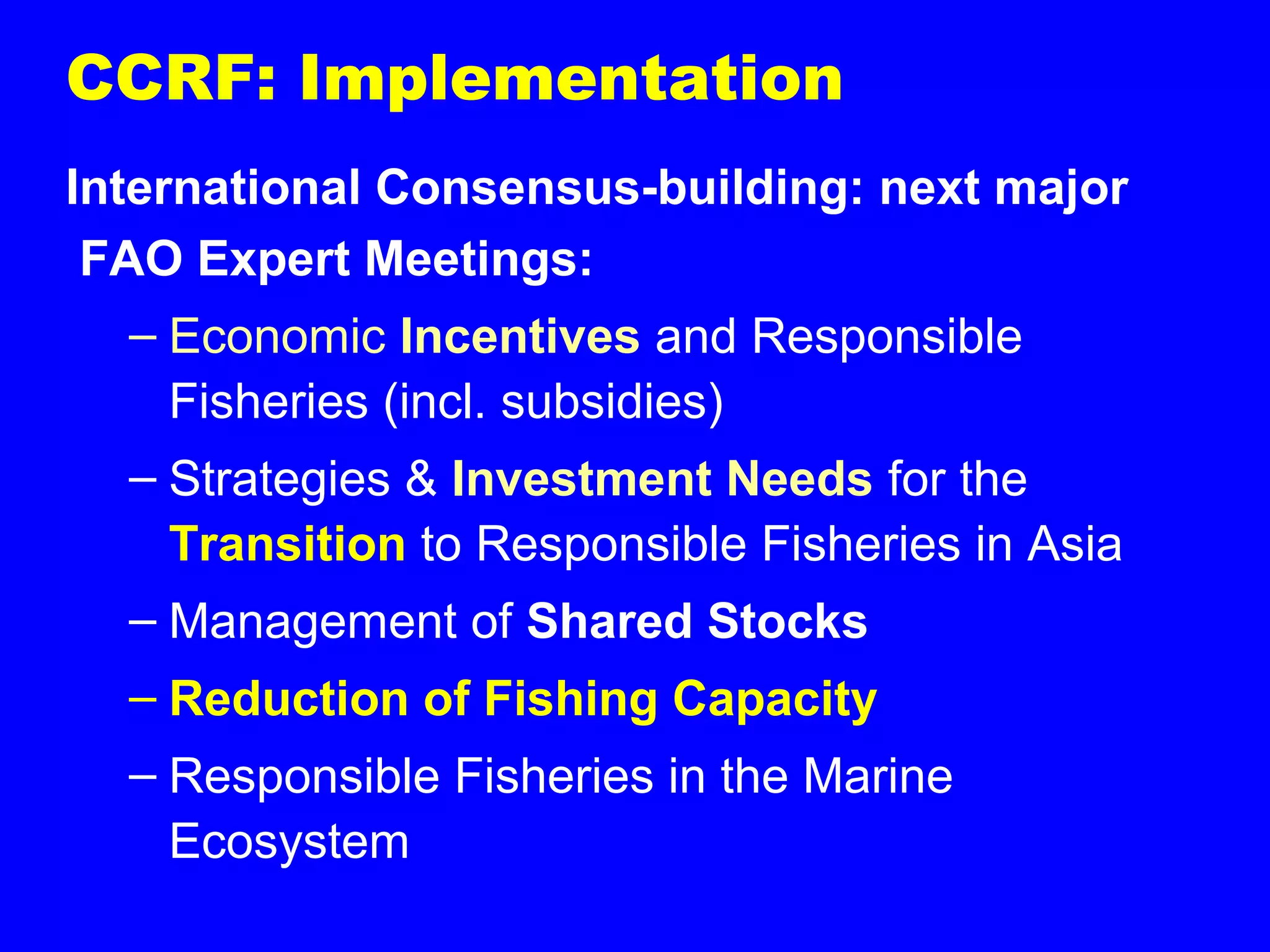 CCRF: Implementation
International Consensus-building: next major
FAO Expert Meetings:
– Economic Incentives and Responsible
Fisheries (incl. subsidies)
– Strategies & Investment Needs for the
Transition to Responsible Fisheries in Asia
– Management of Shared Stocks
– Reduction of Fishing Capacity
– Responsible Fisheries in the Marine
Ecosystem
 