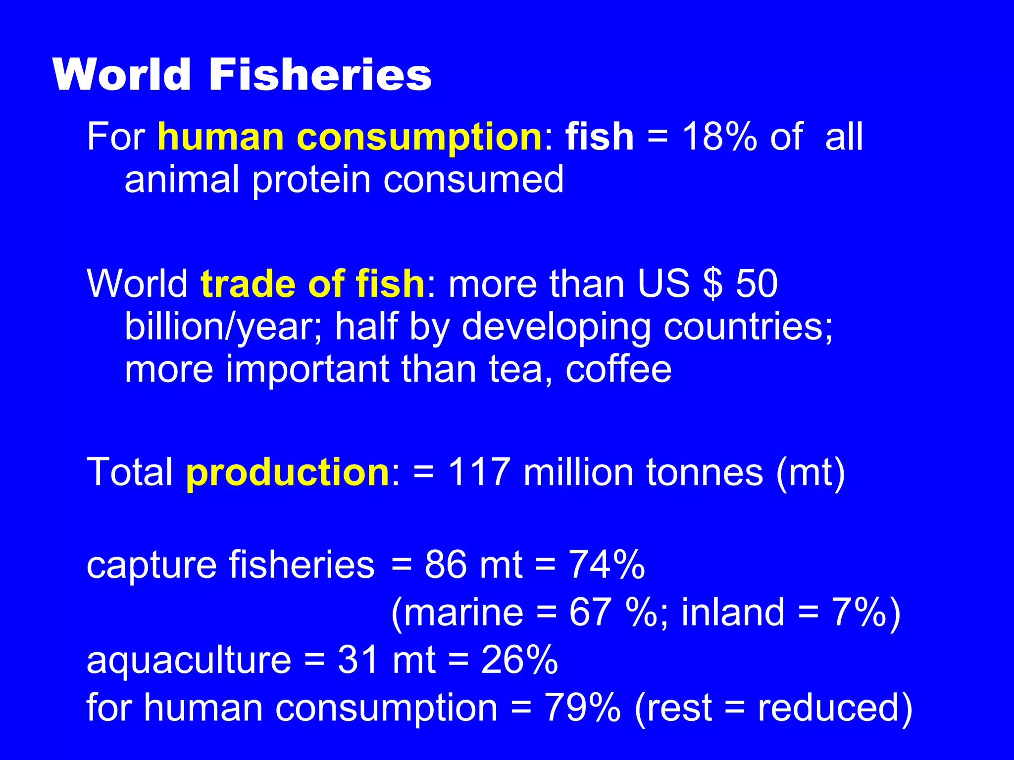 World Fisheries
For human consumption: fish = 18% of all
animal protein consumed
World trade of fish: more than US $ 50
billion/year; half by developing countries;
more important than tea, coffee
Total production: = 117 million tonnes (mt)
capture fisheries = 86 mt = 74%
(marine = 67 %; inland = 7%)
aquaculture = 31 mt = 26%
for human consumption = 79% (rest = reduced)
 