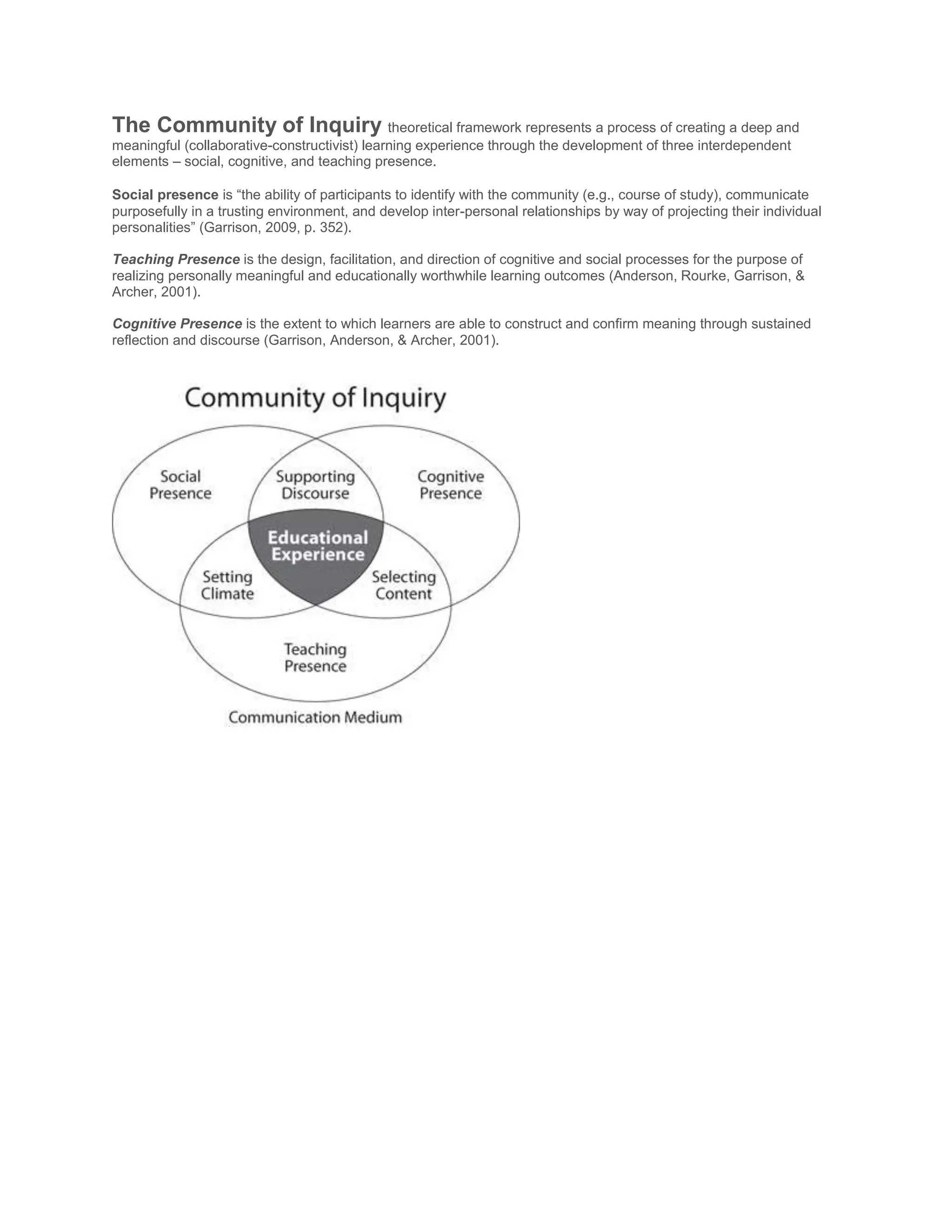 The Community of Inquiry theoretical framework represents a process of creating a deep and
meaningful (collaborative-constructivist) learning experience through the development of three interdependent
elements – social, cognitive, and teaching presence.
Social presence is “the ability of participants to identify with the community (e.g., course of study), communicate
purposefully in a trusting environment, and develop inter-personal relationships by way of projecting their individual
personalities” (Garrison, 2009, p. 352).
Teaching Presence is the design, facilitation, and direction of cognitive and social processes for the purpose of
realizing personally meaningful and educationally worthwhile learning outcomes (Anderson, Rourke, Garrison, &
Archer, 2001).
Cognitive Presence is the extent to which learners are able to construct and confirm meaning through sustained
reflection and discourse (Garrison, Anderson, & Archer, 2001).