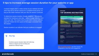 Audience Analysis Guide | 14
Audience Analysis Guide | 14
5 tips to increase average session duration for your website or app
A session begins when a visitor arrives at your website and ends
when they exit or remain inactive for a predetermined period. As
long as the visitor interacts with your site, the session continues.
To determine session duration, Google Analytics – the industry
standard for tracking on-site data – relies on page visits (or ‘hits’)
within your site. This means that if a user didn’t interact with the
page last visited, the time spent on that page is excluded from
the session.
Session duration is an indicator that your audience is engaged.
Pro Tip
Combine session duration data with other key
metrics to ﬁgure out how to keep your
audience’s interest longer.
40% of content creators say that visuals, like
infographics, drive the most engagement.
 