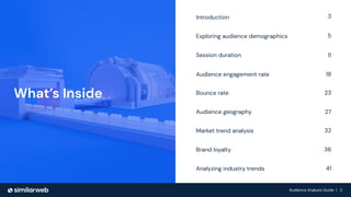 Audience Analysis Guide | 2
Session duration
Exploring audience demographics
Bounce rate
Audience geography
Market trend analysis
What’s Inside
Audience engagement rate
Brand loyalty
Introduction
Analyzing industry trends
3
5
11
18
23
27
32
36
41
 