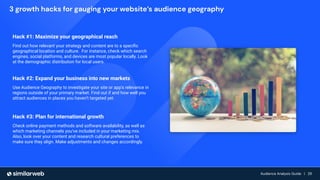 Audience Growth: The Complete Guide | 29
Audience Analysis Guide | 29
Audience Analysis Guide | 29
Hack #1: Maximize your geographical reach
Find out how relevant your strategy and content are to a speciﬁc
geographical location and culture. For instance, check which search
engines, social platforms, and devices are most popular locally. Look
at the demographic distribution for local users.
Hack #2: Expand your business into new markets
Use Audience Geography to investigate your site or app’s relevance in
regions outside of your primary market. Find out if and how well you
attract audiences in places you haven’t targeted yet.
Hack #3: Plan for international growth
Check online payment methods and software availability, as well as
which marketing channels you’ve included in your marketing mix.
Also, look over your content and research cultural preferences to
make sure they align. Make adjustments and changes accordingly.
3 growth hacks for gauging your website’s audience geography
 