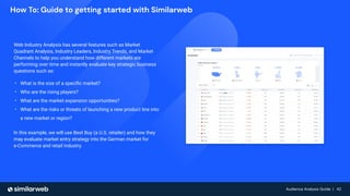 Audience Analysis Guide | 42
Audience Analysis Guide | 42
How To: Guide to getting started with Similarweb
Web Industry Analysis has several features such as Market
Quadrant Analysis, Industry Leaders, Industry Trends, and Market
Channels to help you understand how different markets are
performing over time and instantly evaluate key strategic business
questions such as:
• What is the size of a speciﬁc market?
• Who are the rising players?
• What are the market expansion opportunities?
• What are the risks or threats of launching a new product line into
a new market or region?
In this example, we will use Best Buy (a U.S. retailer) and how they
may evaluate market entry strategy into the German market for
e-Commerce and retail industry.
 