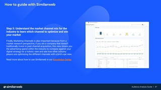 Audience Analysis Guide | 47
Audience Analysis Guide | 47
How to guide with Similarweb
Step 5: Understand the market channel mix for the
industry to learn which channel to optimize and win
your market
Finally, Marketing Channels is also important because from a
market research perspective, if you are a company that doesn’t
traditionally invest in paid channel acquisition, this view shows you
the advertising spend within the industry to compare against your
digital strategy for a holistic view and see how other industry
players are optimizing the different channels with a bird’s eye view.
Read more about how to use Similarweb in our Knowledge Center.
 