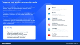 Audience Analysis Guide | 6
Audience Analysis Guide | 6
Targeting your audience on social media
Spend some time deciding where you want to be on social media
and why. Finding the right social media platforms for your
audience and your content is crucial.
Focus your attention and double down on marketing efforts that
engage your audience on the most suitable platform for your
business.
Keep in mind that age and content type matter on social.
Understanding where the different age groups socialize and what
to post where will help you determine which platforms to include
in your marketing mix:
Pro Tip
Figure out the content your audience generally
consumes. For example: Young and
middle-aged men like sports and car-related
sites, and women of all ages usually prefer
lifestyle, personal blogging, fashion sites.
TikTok
for very young audiences (e.g. teenagers)
video content required
Twitter
for young male audiences
multiple posts per day recommended
Facebook
for age groups 30 and higher
diverse mix of content recommended
Instagram
primarily for millennials and Gen X
visual platform, not ideal for link conversion
LinkedIn
for ages 25-50 with higher education
for employee advocacy & thought leadership
YouTube
for all ages
original video required & strong for SEO growth
 