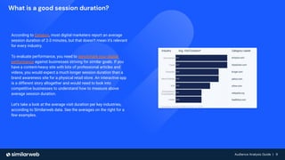 Audience Analysis Guide | 9
Audience Analysis Guide | 9
What is a good session duration?
According to Databox, most digital marketers report an average
session duration of 2-3 minutes, but that doesn’t mean it’s relevant
for every industry.
To evaluate performance, you need to benchmark your digital
performance against businesses striving for similar goals. If you
have a content-heavy site with lots of professional articles and
videos, you would expect a much longer session duration than a
brand awareness site for a physical retail store. An interactive app
is a different story altogether and would need to look into
competitive businesses to understand how to measure above
average session duration.
Let’s take a look at the average visit duration per key industries,
according to Similarweb data. See the averages on the right for a
few examples.
 
