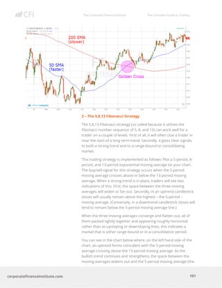 The Corporate Finance Institute The Complete Guide to Trading
101
corporatefinanceinstitute.com
2 – The 5,8,13 Fibonacci Strategy
The 5,8,13 Fibonacci strategy (so called because it utilizes the
Fibonacci number sequence of 5, 8, and 13) can work well for a
trader on a couple of levels. First of all, it will often clue a trader in
near the start of a long-term trend. Secondly, it gives clear signals
to both a strong trend and to a range-bound or consolidating
market.
This trading strategy is implemented as follows: Plot a 5-period, 8-
period, and 13-period exponential moving average on your chart.
The buy/sell signal for this strategy occurs when the 5-period
moving average crosses above or below the 13-period moving
average. When a strong trend is in place, traders will see two
indications of this. First, the space between the three moving
averages will widen or fan out. Secondly, in an uptrend candlestick
closes will usually remain above the highest – the 5-period –
moving average. (Conversely, in a downtrend candlestick closes will
tend to remain below the 5-period moving average line.)
When the three moving averages converge and flatten out, all of
them packed tightly together and appearing roughly horizontal
rather than as upsloping or downsloping lines, this indicates a
market that is either range-bound or in a consolidation period.
You can see in the chart below where, on the left hand side of the
chart, an uptrend forms coincident with the 5-period moving
average crossing above the 13-period moving average. As the
bullish trend continues and strengthens, the space between the
moving averages widens out and the 5-period moving average (the
 