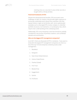 The Corporate Finance Institute The Complete Guide to Trading
30
corporatefinanceinstitute.com
claiming a loss on a security if a very similar security is
bought within a 30-day window.
Potential Drawbacks of ETFS
Despite the abovementioned benefits, ETFs encounter some
challenges as well. For instance, they provide higher exposure to
previously unattended asset classes that could bear risks that
equity investors might not be familiar with. Some sophisticated
examples such as leveraged ETFs involve complex or unfamiliar
portfolio structures, tax treatments, or counterparty risks, which
require clear understanding of the underlying assets.
Additionally, ETFs carry transaction costs that should be carefully
considered in the process of portfolio creations, such as Bid/Ask
spreads and commissions.
Who are the biggest ETF management companies?
As of 2017, there are thousands of ETFs in existence. If you want to
know who the largest ETF management companies are, here is a
list of the top 10 fund companies ranked by assets under
management.
1. BlackRock
2. Vanguard
3. State Street Global Advisors
4. Invesco PowerShares
5. Charles Schwab
6. First Trust
7. WisdomTree
8. Guggenheim
9. VanEck
10. ProShares
 