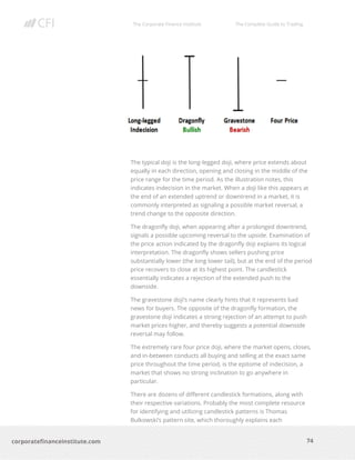 The Corporate Finance Institute The Complete Guide to Trading
74
corporatefinanceinstitute.com
The typical doji is the long-legged doji, where price extends about
equally in each direction, opening and closing in the middle of the
price range for the time period. As the illustration notes, this
indicates indecision in the market. When a doji like this appears at
the end of an extended uptrend or downtrend in a market, it is
commonly interpreted as signaling a possible market reversal, a
trend change to the opposite direction.
The dragonfly doji, when appearing after a prolonged downtrend,
signals a possible upcoming reversal to the upside. Examination of
the price action indicated by the dragonfly doji explains its logical
interpretation. The dragonfly shows sellers pushing price
substantially lower (the long lower tail), but at the end of the period
price recovers to close at its highest point. The candlestick
essentially indicates a rejection of the extended push to the
downside.
The gravestone doji’s name clearly hints that it represents bad
news for buyers. The opposite of the dragonfly formation, the
gravestone doji indicates a strong rejection of an attempt to push
market prices higher, and thereby suggests a potential downside
reversal may follow.
The extremely rare four price doji, where the market opens, closes,
and in-between conducts all buying and selling at the exact same
price throughout the time period, is the epitome of indecision, a
market that shows no strong inclination to go anywhere in
particular.
There are dozens of different candlestick formations, along with
their respective variations. Probably the most complete resource
for identifying and utilizing candlestick patterns is Thomas
Bulkowski’s pattern site, which thoroughly explains each
 