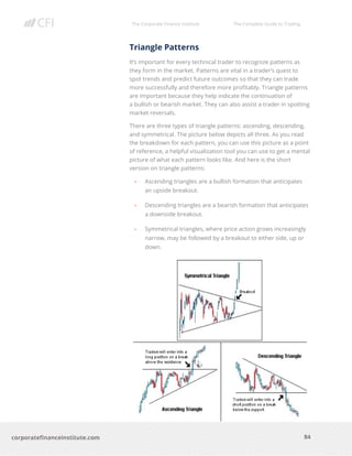 The Corporate Finance Institute The Complete Guide to Trading
84
corporatefinanceinstitute.com
Triangle Patterns
It’s important for every technical trader to recognize patterns as
they form in the market. Patterns are vital in a trader’s quest to
spot trends and predict future outcomes so that they can trade
more successfully and therefore more profitably. Triangle patterns
are important because they help indicate the continuation of
a bullish or bearish market. They can also assist a trader in spotting
market reversals.
There are three types of triangle patterns: ascending, descending,
and symmetrical. The picture below depicts all three. As you read
the breakdown for each pattern, you can use this picture as a point
of reference, a helpful visualization tool you can use to get a mental
picture of what each pattern looks like. And here is the short
version on triangle patterns:
• Ascending triangles are a bullish formation that anticipates
an upside breakout.
• Descending triangles are a bearish formation that anticipates
a downside breakout.
• Symmetrical triangles, where price action grows increasingly
narrow, may be followed by a breakout to either side, up or
down.
 