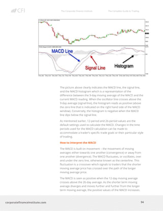 The Corporate Finance Institute The Complete Guide to Trading
94
corporatefinanceinstitute.com
The picture above clearly indicates the MACD line, the signal line,
and the MACD histogram which is a representation of the
difference between the 9-day moving average of the MACD and the
current MACD reading. When the oscillator line crosses above the
9-day average (signal line), the histogram reads as positive (above
the zero line that is indicated on the right hand side of the MACD
window). Conversely, the histogram is negative when the MACD
line dips below the signal line.
As mentioned earlier, 12-period and 26-period values are the
default settings used to calculate the MACD. Changes in the time
periods used for the MACD calculation can be made to
accommodate a trader’s specific trade goals or their particular style
of trading.
How to interpret the MACD
The MACD is built on movement – the movement of moving
averages either towards one another (convergence) or away from
one another (divergence). The MACD fluctuates, or oscillates, over
and under the zero line, otherwise known as the centerline. This
fluctuation is a crossover which signals to traders that the shorter
moving average price has crossed over the path of the longer
moving average price.
The MACD is seen as positive when the 12-day moving average
crosses above the 26-day average. As the shorter term moving
average diverges and moves further and further from the longer
term moving average, the positive values of the MACD increases.
 