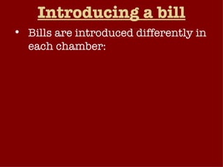 Introducing a bill Bills are introduced differently in each chamber: House – member introduces a bill by placing it in the  hopper . Senate – member must announce a bill after being recognized by the presiding officer ( first reading) . After introduction, bill given the designation discussed above.  