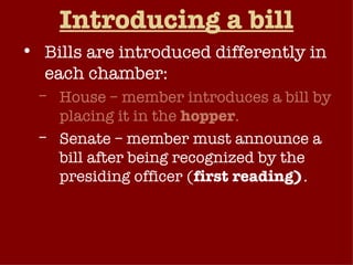 Introducing a bill Bills are introduced differently in each chamber: House – member introduces a bill by placing it in the  hopper . Senate – member must announce a bill after being recognized by the presiding officer ( first reading) . After introduction, bill given the designation discussed above.  