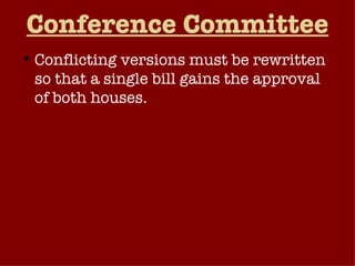 Conference Committee Conflicting versions must be rewritten so that a single bill gains the approval of both houses. Bills reported from conference committee MUST be voted up or down on the floors of the House and Senate. No amendments or further changes allowed. Negotiation – theory and practice. 