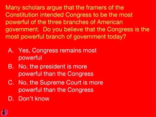 Many scholars argue that the framers of the Constitution intended Congress to be the most powerful of the three branches of American government.  Do you believe that the Congress is the most powerful branch of government today?  Yes, Congress remains most powerful No, the president is more powerful than the Congress No, the Supreme Court is more powerful than the Congress Don’t know 