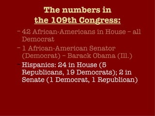 The numbers in the 109th Congress: 42 African-Americans in House – all Democrat 1 African-American Senator (Democrat) – Barack Obama (Ill.) Hispanics: 24 in House (5 Republicans, 19 Democrats); 2 in Senate (1 Democrat, 1 Republican) Women in Congress: 68 in House (23 Republicans, 45 Democrats); 14 in Senate (5 Republicans, 9 Democrats). 