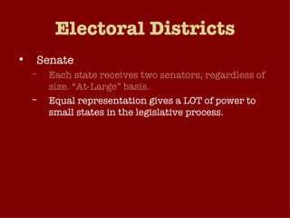 Electoral Districts Senate Each state receives two senators, regardless of size. “At-Large” basis. Equal representation gives a LOT of power to small states in the legislative process. Doesn’t this serve to substantially distort measures of popular opinion, thus diminishing democracy? Think about it: A majority of Senators come from states which collectively make up only about 20% of the US population! 