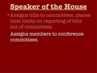 Speaker of the House Assigns bills to committees, places time limits on reporting of bills out of committees. Assigns members to conference committees.  