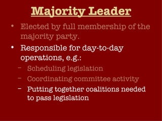 Majority Leader Elected by full membership of the majority party. Responsible for day-to-day operations, e.g.: Scheduling legislation Coordinating committee activity Putting together coalitions needed to pass legislation Negotiating with outside institutions. 