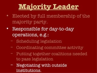 Majority Leader Elected by full membership of the majority party. Responsible for day-to-day operations, e.g.: Scheduling legislation Coordinating committee activity Putting together coalitions needed to pass legislation Negotiating with outside institutions. 