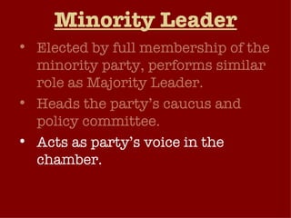 Minority Leader Elected by full membership of the minority party, performs similar role as Majority Leader. Heads the party’s caucus and policy committee. Acts as party’s voice in the chamber. Plays a leading role in developing the party’s policy positions.  