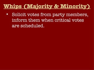 Whips (Majority & Minority) Solicit votes from party members, inform them when critical votes are scheduled. Whips also perform various other functions that link the parties’ rank and file to their leaders: Explain positions Outline Strategies Count Votes 