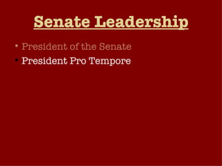 Senate Leadership President of the Senate President Pro Tempore Majority Leader Formulates majority party’s policy agenda Encourages party members to support this agenda. Chairs the party’s policy committee and acts as the party’s voice in the Senate. Generates “unanimous consent agreements”. 