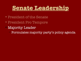 Senate Leadership President of the Senate President Pro Tempore Majority Leader Formulates majority party’s policy agenda Encourages party members to support this agenda. Chairs the party’s policy committee and acts as the party’s voice in the Senate. Generates “unanimous consent agreements”. 
