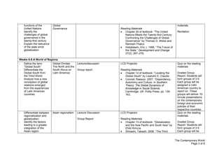 The Contemporary World
Page 3 of 8
functions of the
United Nations
- Identify the
challenges of global
governance in the
twenty-first century
- Explain the relevance
of the state amid
globalization
Global
Governance Reading Materials
Chapter 29 of textbook: “The United
Nations Meets the Twenty-first Century:
Confronting the Challenges of Global
Governance” by Thomas G. Weiss and
Ramesh Thakur
Hobsbawm, Eric J. 1996. “The Future of
the State.” Development and Change
27(2): 267–278.
materials
Recitation
Weeks 6-8:A World of Regions
- Define the term
“Global South”
- Differentiate the
Global South from
the Third World
- Analyze how a new
conception of global
relations emerged
from the experiences
of Latin American
countries
Global Divides:
The North and the
South (focus on
Latin America)
Lecture/discussion
Group report
LCD Projector
Reading Materials
Chapter 12 of textbook: “Locating the
Global South” by Lisandro E. Claudio
Connell, Raewyn. 2007. “Dependency,
Autonomy and Culture. In Southern
Theory: The Global Dynamics of
Knowledge in Social Science.
Cambridge, UK: Polity Press, pp. 139-
163.
Quiz on the reading
materials
Graded Group
Report: Students will
form groups of 3-5.
Each group will be
assigned a Latin
American country to
report on. These
groups will deliver 10-
minute presentations
on the contemporary
foreign and economic
policies of their
respective countries.
- Differentiate between
regionalization and
globalization
- Identify the factors
leading to a greater
integration of the
Asian region
Asian regionalism Lecture Discussion
Group Report
LCD Projector
Reading Materials
Chapter 13 of textbook: “Globalization
and the Asia Pacific and South Asia” by
Ehito Kimura
Shiraishi, Takashi. 2006. “The Third
Quiz on the reading
materials
Graded Group
Report: Students will
form groups of 3-5.
Each group will be
 