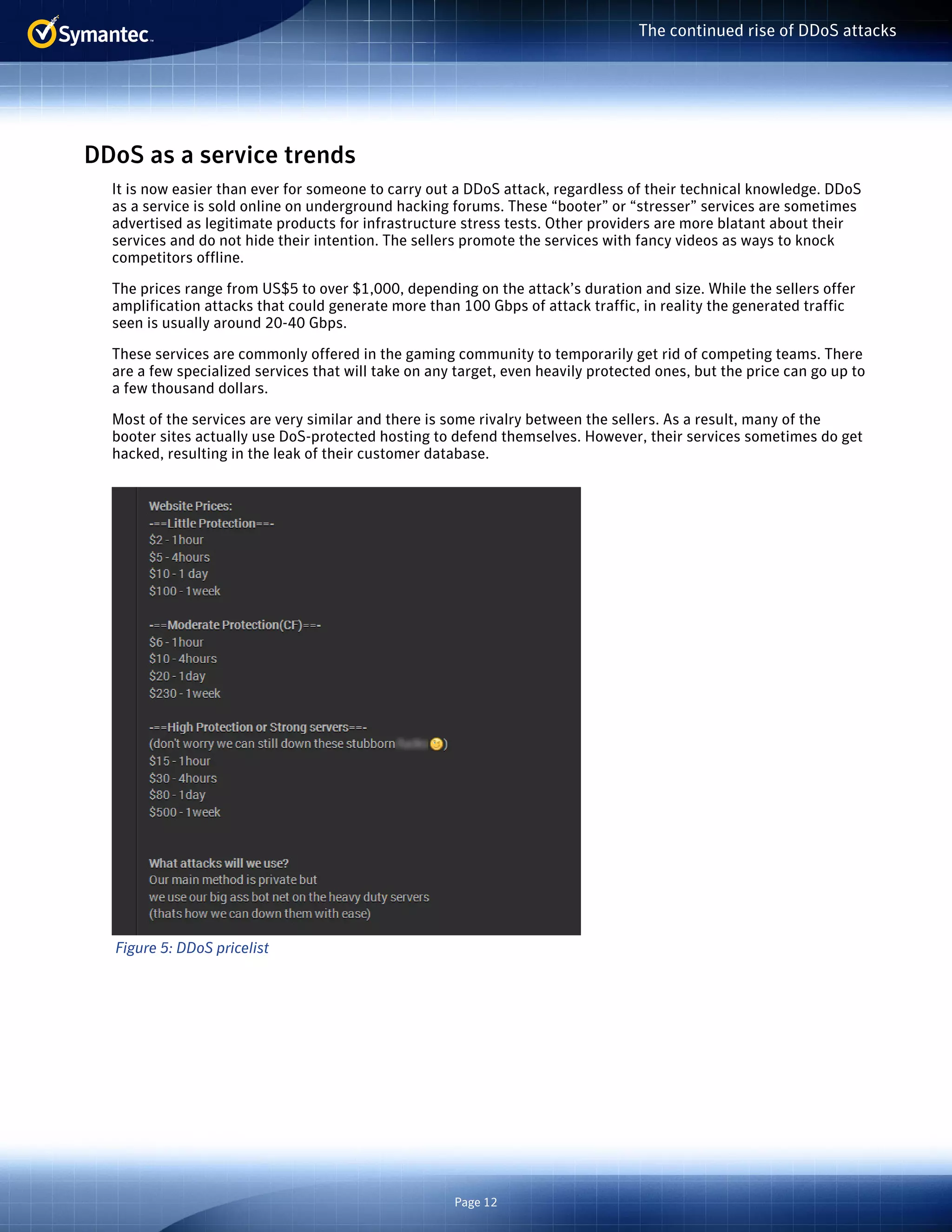 Page 12 
The continued rise of DDoS attacks 
DDoS as a service trends 
It is now easier than ever for someone to carry out a DDoS attack, regardless of their technical knowledge. DDoS 
as a service is sold online on underground hacking forums. These “booter” or “stresser” services are sometimes 
advertised as legitimate products for infrastructure stress tests. Other providers are more blatant about their 
services and do not hide their intention. The sellers promote the services with fancy videos as ways to knock 
competitors offline. 
The prices range from US$5 to over $1,000, depending on the attack’s duration and size. While the sellers offer 
amplification attacks that could generate more than 100 Gbps of attack traffic, in reality the generated traffic 
seen is usually around 20-40 Gbps. 
These services are commonly offered in the gaming community to temporarily get rid of competing teams. There 
are a few specialized services that will take on any target, even heavily protected ones, but the price can go up to 
a few thousand dollars. 
Most of the services are very similar and there is some rivalry between the sellers. As a result, many of the 
booter sites actually use DoS-protected hosting to defend themselves. However, their services sometimes do get 
hacked, resulting in the leak of their customer database. 
Figure 5: DDoS pricelist 
 