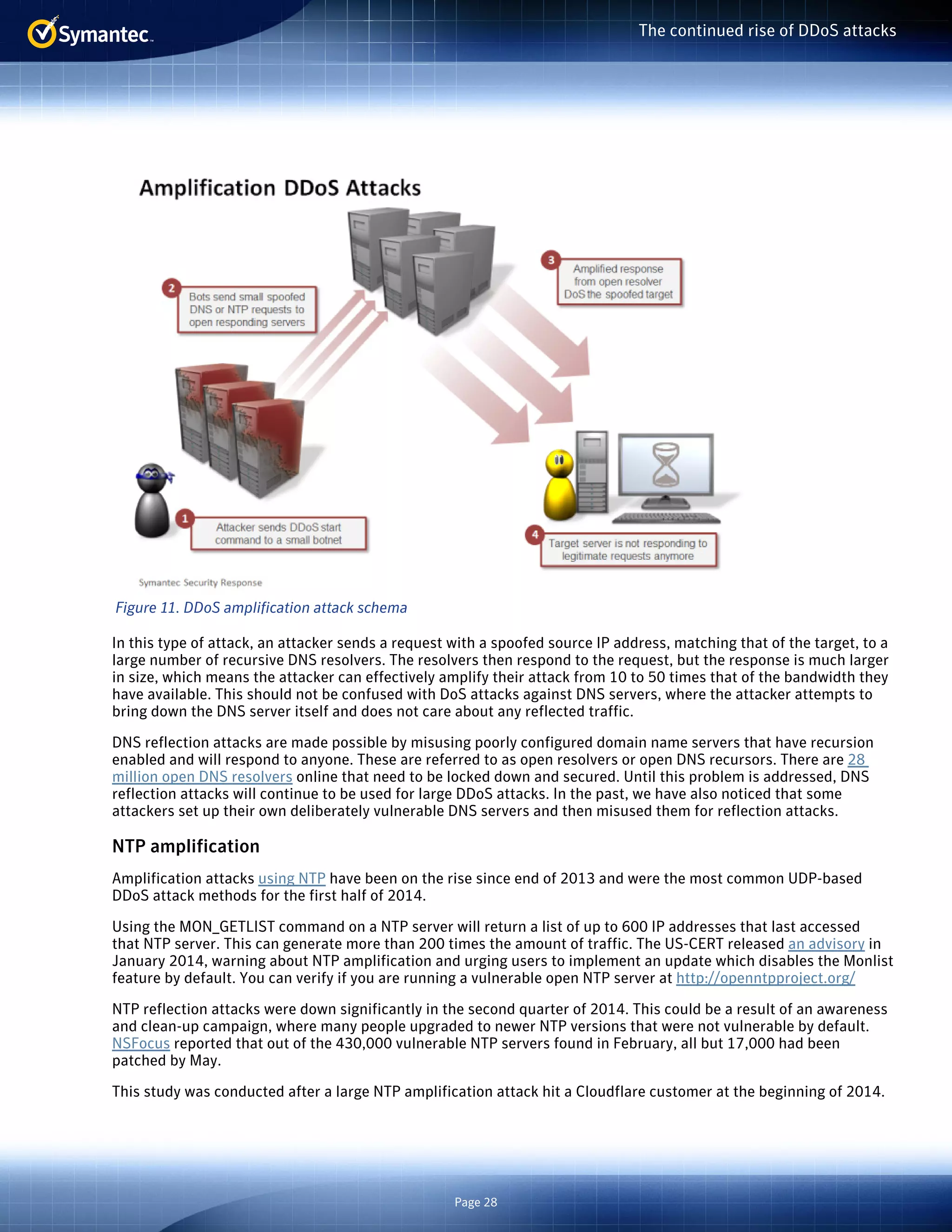 Page 28 
The continued rise of DDoS attacks 
Figure 11. DDoS amplification attack schema 
In this type of attack, an attacker sends a request with a spoofed source IP address, matching that of the target, to a 
large number of recursive DNS resolvers. The resolvers then respond to the request, but the response is much larger 
in size, which means the attacker can effectively amplify their attack from 10 to 50 times that of the bandwidth they 
have available. This should not be confused with DoS attacks against DNS servers, where the attacker attempts to 
bring down the DNS server itself and does not care about any reflected traffic. 
DNS reflection attacks are made possible by misusing poorly configured domain name servers that have recursion 
enabled and will respond to anyone. These are referred to as open resolvers or open DNS recursors. There are 28 
million open DNS resolvers online that need to be locked down and secured. Until this problem is addressed, DNS 
reflection attacks will continue to be used for large DDoS attacks. In the past, we have also noticed that some 
attackers set up their own deliberately vulnerable DNS servers and then misused them for reflection attacks. 
NTP amplification 
Amplification attacks using NTP have been on the rise since end of 2013 and were the most common UDP-based 
DDoS attack methods for the first half of 2014. 
Using the MON_GETLIST command on a NTP server will return a list of up to 600 IP addresses that last accessed 
that NTP server. This can generate more than 200 times the amount of traffic. The US-CERT released an advisory in 
January 2014, warning about NTP amplification and urging users to implement an update which disables the Monlist 
feature by default. You can verify if you are running a vulnerable open NTP server at http://openntpproject.org/ 
NTP reflection attacks were down significantly in the second quarter of 2014. This could be a result of an awareness 
and clean-up campaign, where many people upgraded to newer NTP versions that were not vulnerable by default. 
NSFocus reported that out of the 430,000 vulnerable NTP servers found in February, all but 17,000 had been 
patched by May. 
This study was conducted after a large NTP amplification attack hit a Cloudflare customer at the beginning of 2014. 
 