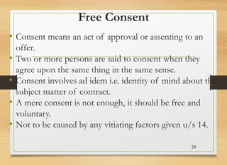 Free Consent
• Consent means an act of approval or assenting to an
offer.
• Two or more persons are said to consent when they
agree upon the same thing in the same sense.
• Consent involves ad idem i.e. identity of mind about the
subject matter of contract.
• A mere consent is not enough, it should be free and
voluntary.
• Not to be caused by any vitiating factors given u/s 14.
29
 