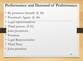 Performance and Demand of Performance
• By promisor himself. (S. 40)
• Promisor’s Agent. (S. 40)
• Legal representatives.
• Third person. (S 41)
• Joint promisors.
• Promisee
• Legal Representative
• Third Party
• Joint promisee
40
 