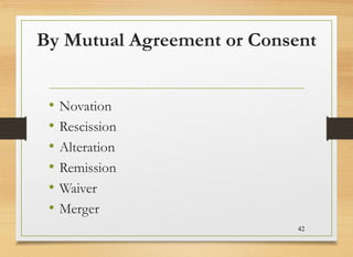 By Mutual Agreement or Consent
• Novation
• Rescission
• Alteration
• Remission
• Waiver
• Merger
42
 