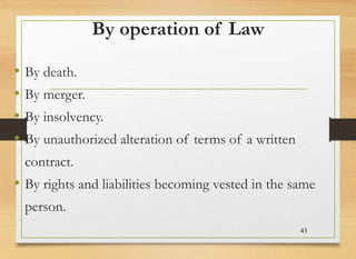 By operation of Law
• By death.
• By merger.
• By insolvency.
• By unauthorized alteration of terms of a written
contract.
• By rights and liabilities becoming vested in the same
person.
43
 