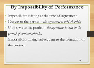 By Impossibility of Performance
• Impossibility existing at the time of agreement –
• Known to the parties – the agreement is void ab initio.
• Unknown to the parties – the agreement is void on the
ground of mutual mistake.
• Impossibility arising subsequent to the formation of
the contract.
44
 