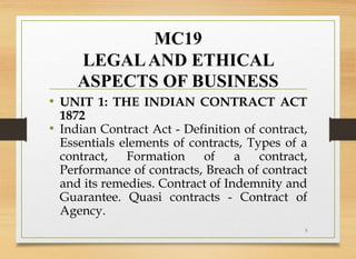 MC19
LEGALAND ETHICAL
ASPECTS OF BUSINESS
• UNIT 1: THE INDIAN CONTRACT ACT
1872
• Indian Contract Act - Definition of contract,
Essentials elements of contracts, Types of a
contract, Formation of a contract,
Performance of contracts, Breach of contract
and its remedies. Contract of Indemnity and
Guarantee. Quasi contracts - Contract of
Agency.
5
 