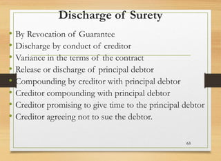 Discharge of Surety
• By Revocation of Guarantee
• Discharge by conduct of creditor
• Variance in the terms of the contract
• Release or discharge of principal debtor
• Compounding by creditor with principal debtor
• Creditor compounding with principal debtor
• Creditor promising to give time to the principal debtor
• Creditor agreeing not to sue the debtor.
63
 