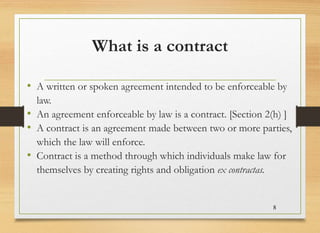 What is a contract
• A written or spoken agreement intended to be enforceable by
law.
• An agreement enforceable by law is a contract. [Section 2(h) ]
• A contract is an agreement made between two or more parties,
which the law will enforce.
• Contract is a method through which individuals make law for
themselves by creating rights and obligation ex contractas.
8
 