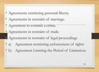 • Agreements restricting personal liberty.
• Agreements in restraint of marriage.
• Agreement to commit a crime.
• Agreeme...