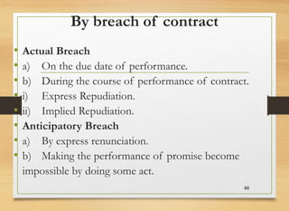 By breach of contract
• Actual Breach
• a) On the due date of performance.
• b) During the course of performance of contra...