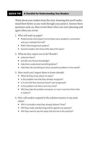 QUICK TIP A Checklist for Understanding Your Readers
Think about your readers from the start, knowing that you’ll under-
stand them better as you work through your project. Answer these
questions early on, then revisit them when you start planning and
again when you revise.
1. Who will read my paper?
• Professionals who expect me to follow every academic convention
and use a standard format?
• Well-informed general readers?
• General readers who know little about the topic?
2. What do they expect me to do? Should I
• entertain them?
• provide new factual knowledge?
• help them understand something better?
• help them do something to solve a practical problem in the world?
3. How much can I expect them to know already?
• What do they know about my topic?
• Is the problem one that they already recognize?
• Is it one that they have but haven’t yet recognized?
• Is the problem not theirs, but only mine?
• Will they take the problem seriously, or must I convince them that
it matters?
4. How will readers respond to the solution/answer in my main
claim?
• Will it contradict what they already believe? How?
• Will they make standard arguments against my solution?
• Will they want to see the steps that led me to the solution?
 